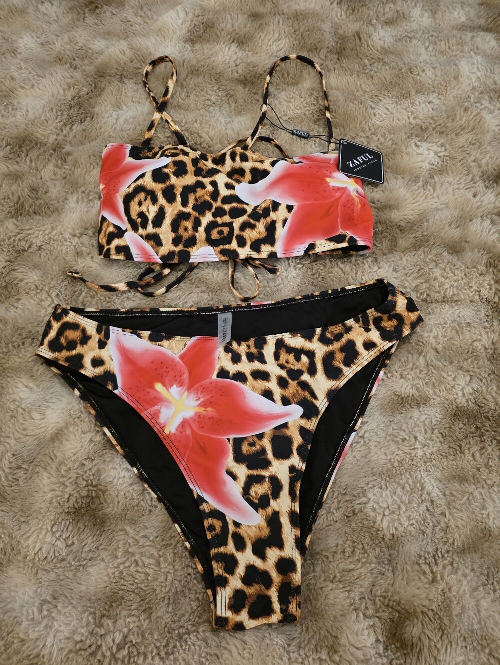 Zaful Leopard Swim Set with Pink Floral Accents Sz Large